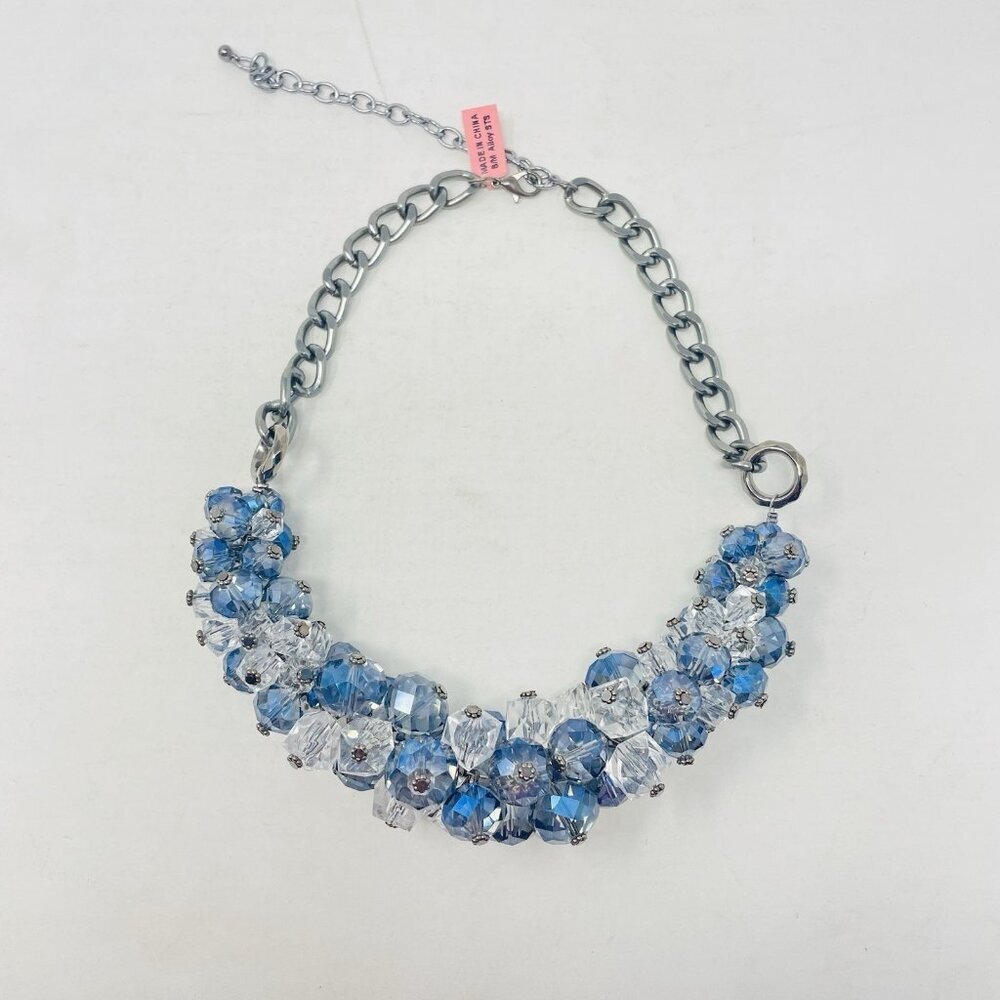 Blue Glass and Chroma Dark Silvertone Bib Statement‎ Necklace 20-25 in 5044